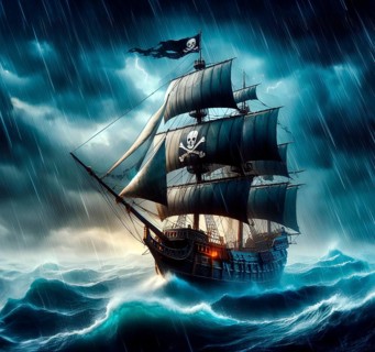 A privateer pirate ship with a pirate flag sails across the ocean in storms, rain and high waves,