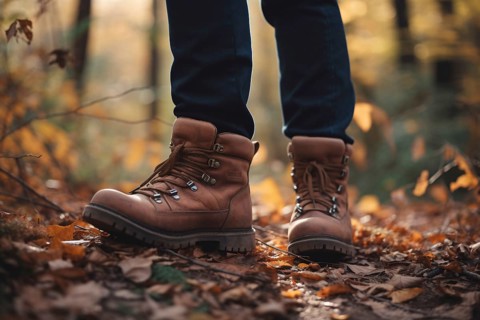 Close up of legs with hiking boots in forest. KI generiert, generiert AI generated