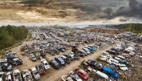 Symbolism, large junkyard with wrecked cars, scrap cars, scrap metal, AI-generated, AI-generated,