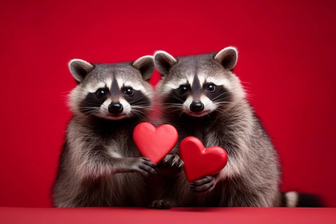 Pair of racoons holding hearts in front of red studio background. KI generiert, generiert AI