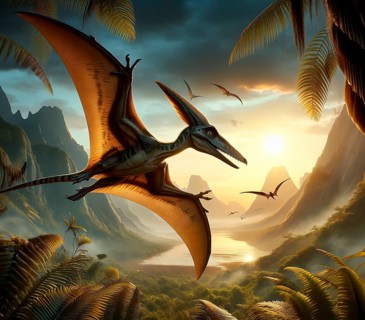 Prehistory, prehistory, a dinosaur, a flying dinosaur, a pterodactyl flies over a prehistoric