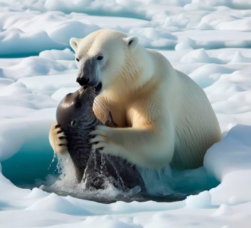 A polar bear at an ice hole hunting for a seal in the Arctic, AI generated, AI generated
