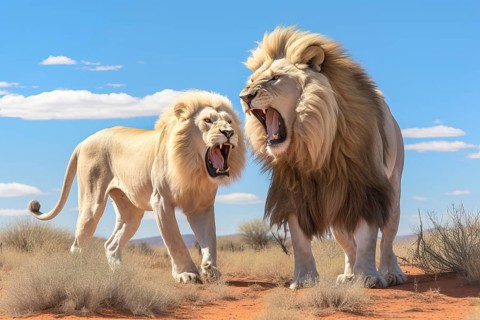 Two male lions confronting each other in the desert, Africa, AI generated