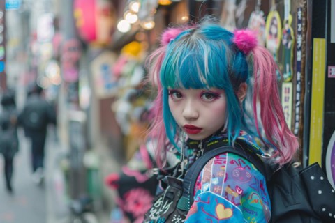 Young Asian woman with blue and pink dyed hair and bold street fashion clothing in city street. KI