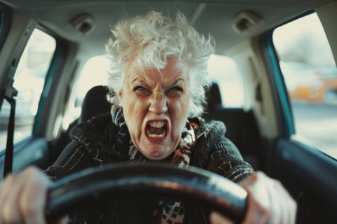 Elderly woman sitting behind the steering wheel screaming in exasperation, symbolic image for