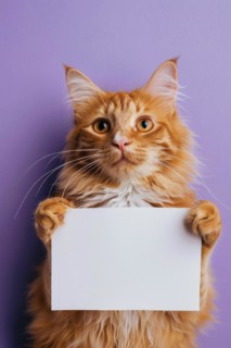 Orange cat holding empty white sign in front of studio background. KI generiert, generiert, AI