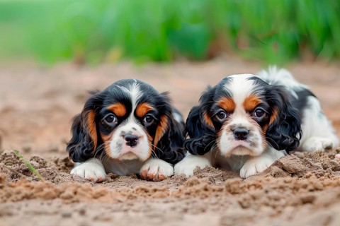 Two cute Cavalier King Charles Spaniel pups lying on the ground and looking curiously, AI generated