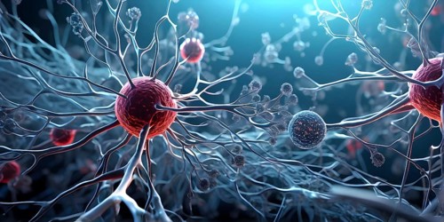 Abstract microscopic view on nerve cells intermingled with cancer cell, AI generated