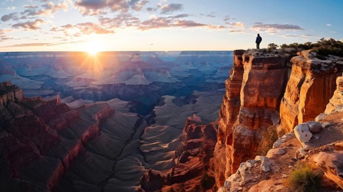 Sunrise over grand canyon in vibrant colors casting light on overhanging rock formations, AI