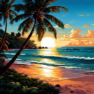 Pixel art illustration of a tropical island paradise with palm trees and sandy beach, AI generated