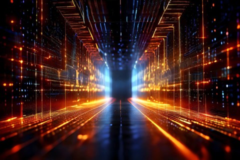 Digital data tunnel streaming with cascading binary code, AI generated