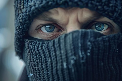 Close up of man with face covered by black ski mask. Generative Ai, AI generated