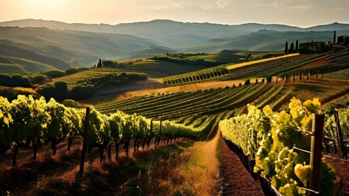Winding vineyard rows snake through rolling hills under atmospheric summer sunlight, AI generated