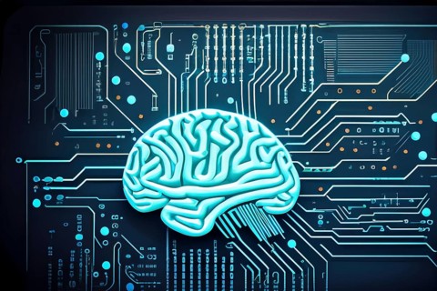 Human brain, connected to circuits of a computer board, symbol artificial intelligence, AI