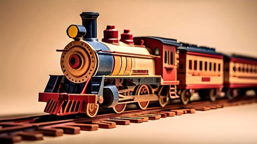 Vintage wooden locomotive toy with a playful design in front of a beige background, AI generated