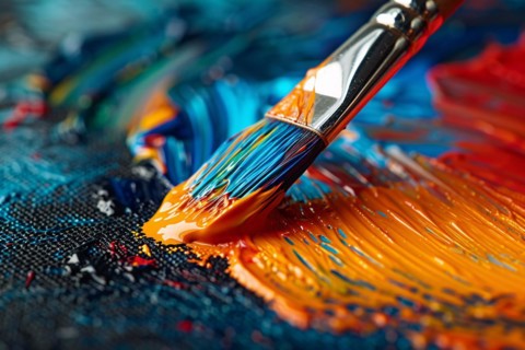 Close up of painting with thick oil paint strokes on canvas with art brush. KI generiert,