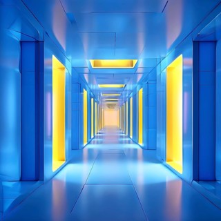 Windows aligned within an elongated tunnel permeated with gradients of blue and yellow hues, AI