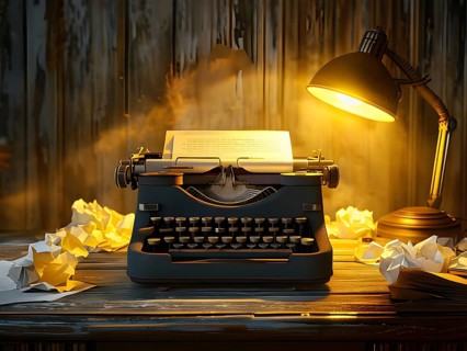 Antique typewriter sitting on a weathered wooden desk, with crumpled papers scattered around, AI