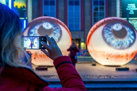 Essen Light Festival, in the city centre, artwork Oculus by the Italian artist H:E:M, 2 giant