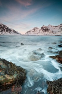 Long exposure, Winter evening mood at Skagsanden, Stones on the beach at Flakstad, Flakstadøy,