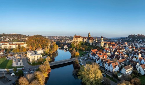 Aerial view, panorama of the town of Sigmaringen with the Hohenzollern castle, a sight and tourist