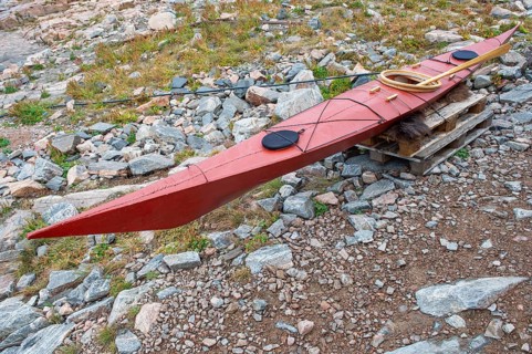 Traditional kayak, manoeuvrable boat for hunting, Inuit settlement Ittoqqortoormiit, Scoresbysund
