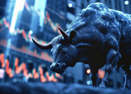 Bull market concept of developing economy and stock exchange financial gain and growth, AI