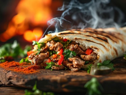 Fresh tasty beef burger wrap with onion, cheese and vegetables. Junk food and fast food concept, AI