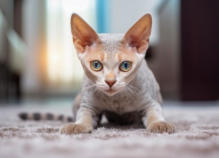 Devon Rex short hair cat breed known for its tall ears and sphynx look, AI generated