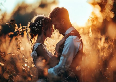 Affectionate romantic couple hugging at sunset during honeymoon in wedding dress, AI generated