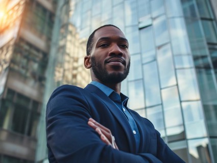 Confident successful black business manager man executive in front of corporate office, AI