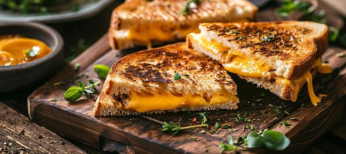 Breakfast with fresh grilled cheese vegetarian sandwich with melted cheddar cheese and vegetables,