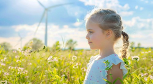 A girl stands in a field of flowers next to a wind farm that produces green sustainable energy, AI