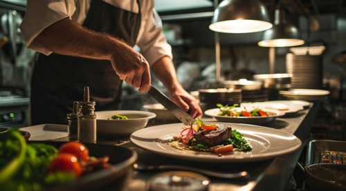 Chef in modern kitchen preparing gourmet meal in upscale restaurant of world cuisine, AI generated