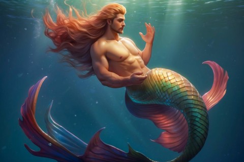 A man in a mermaid costume is swimming in the ocean. The mermaid is colorful and has a long tail,