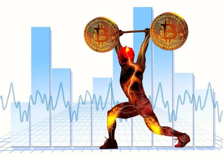 Symbolic image, Bitcoin with electrified weightlifter, vision of the future, stock market prices,