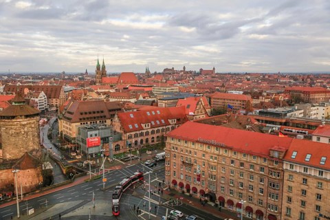 Bird's eye view of Bahnhofsplatz with Grand Hotel Le Meridien, Königstor, Königstraße, Old Town