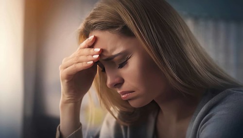 Depressed young woman closeup portrait keeps hand to forehead feeling stress. Anxious female