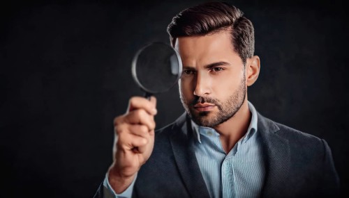 Businessman looking through a magnifying glass with a pensive emotion against a dark background.