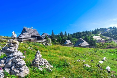 Charming wooden houses nestle on the vibrant slopes of velika planina, slovenia, creating a