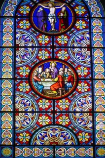 Church window, Jesus at the Last Supper, Basel Minster, Basel, Canton of Basel-Stadt, Switzerland,