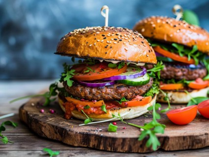 Fresh tasty organic healthy plant-based beef patties with onion, cheese and vegetables, AI