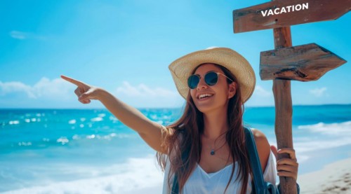 Sign pointing to the direction of vacation destination with scenic beach and ocean, AI generated