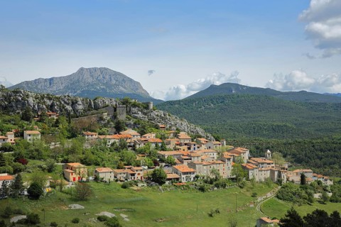 Mountain village Trigance and landscape with mountains, Provençal Alps, Western Alps, Alps, Var,