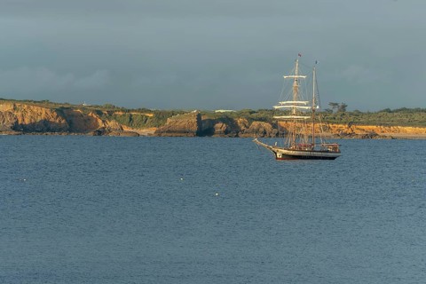 Large traditional sailing boat in a bay on the Atlantic. Camaret sur mer, Crozon, Finistere,