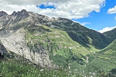 Photo with reduced dynamic saturation HDR on Furka pass road mountain road alpine pass Furka pass,