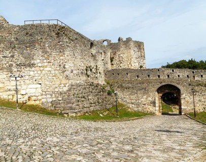 Defensive walls ramparts at entrance to Berat Castle UNESCO World Heritage Site, Berat, Albania,