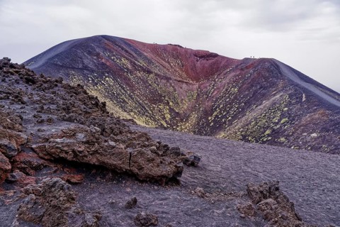 Lava rock and crater landscape around the Crateri Silvestri in the Etna National Park, Parco