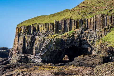 Eastern arch of Carsaig Arches, stone arche on the Isle of Mull, Scotland, UK