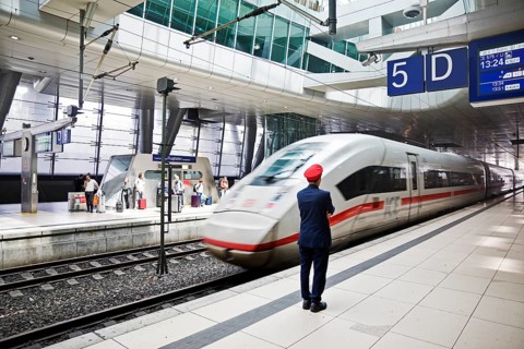 ICE at the centre platform with Deutsche Bahn staff, long-distance train station, airport,